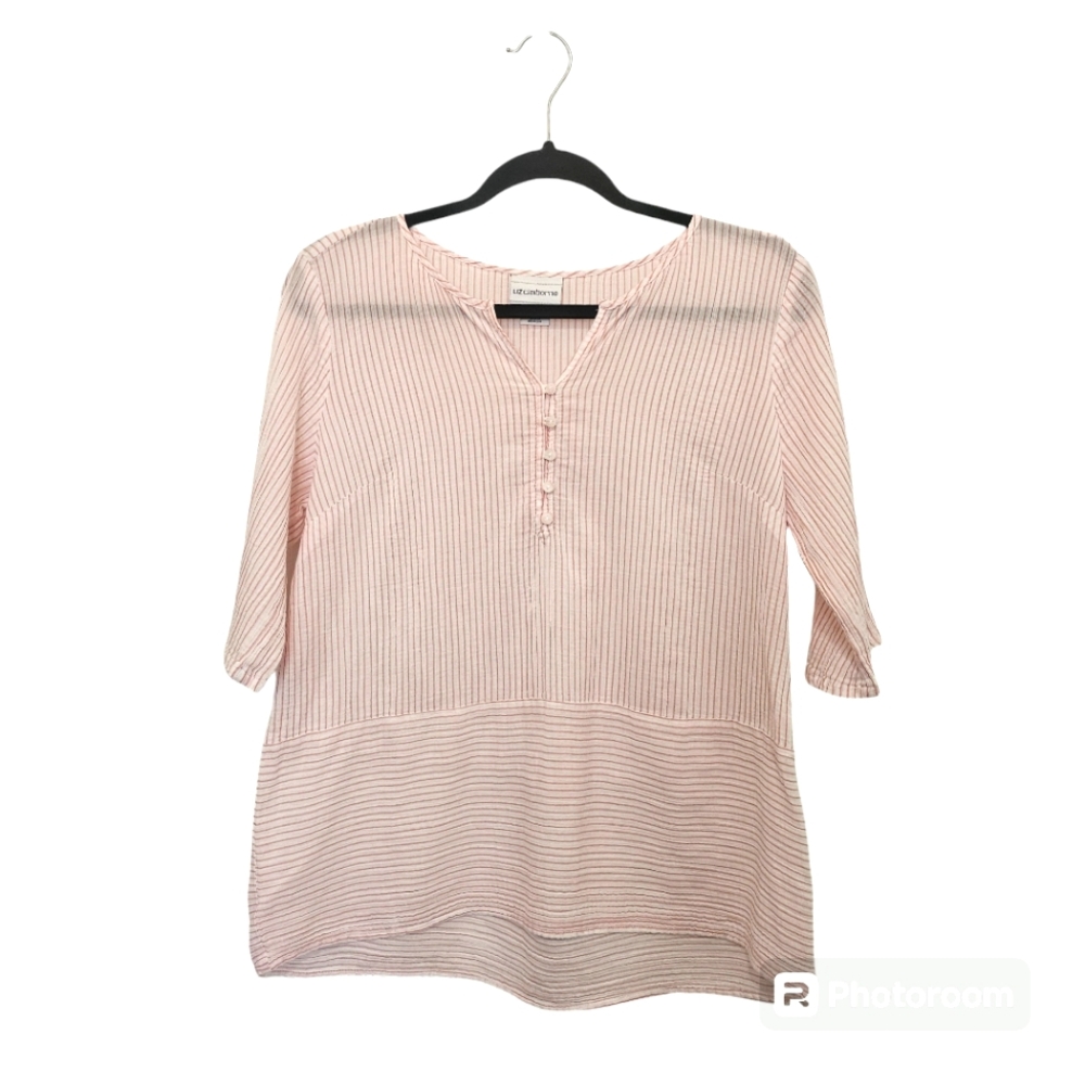 Liz claiborne white & light pink strip v-neck 1/2 sleeve blouse size small